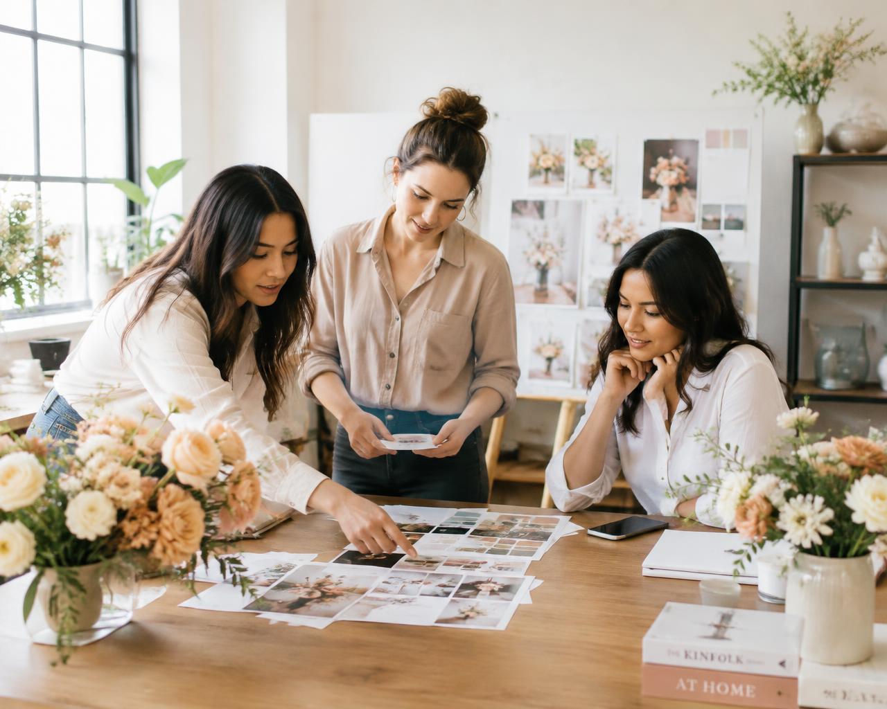 Event planners reviewing floral arrangements and mood boards